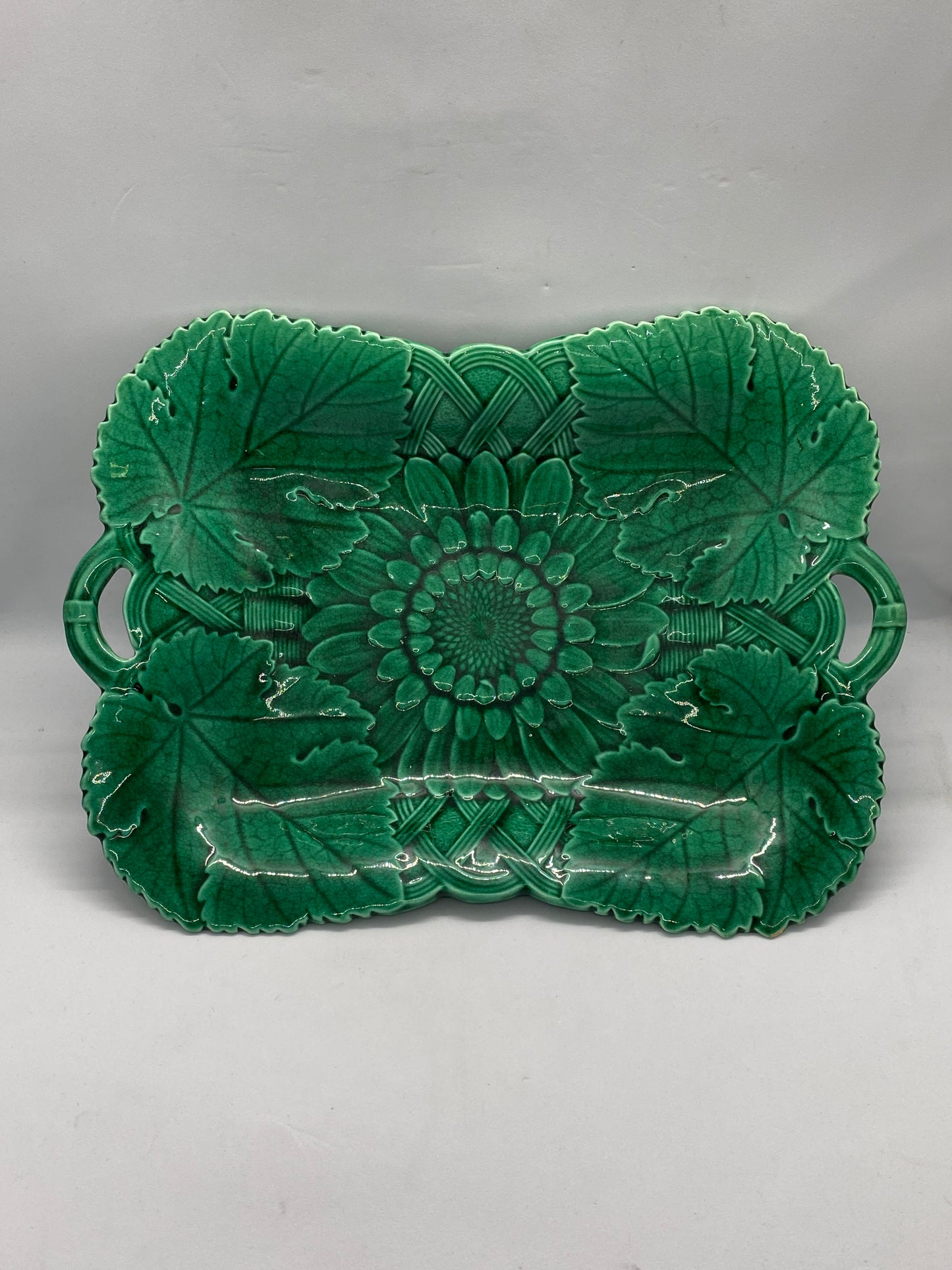 Late 19th century Wedgwood Majolica Rectangular Handled Platter Dish w Sunflower & Basketweave Motif