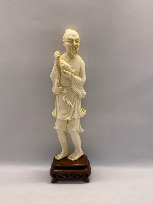 Large Antique Japanese Ivory Statue of Fisherman with Catch