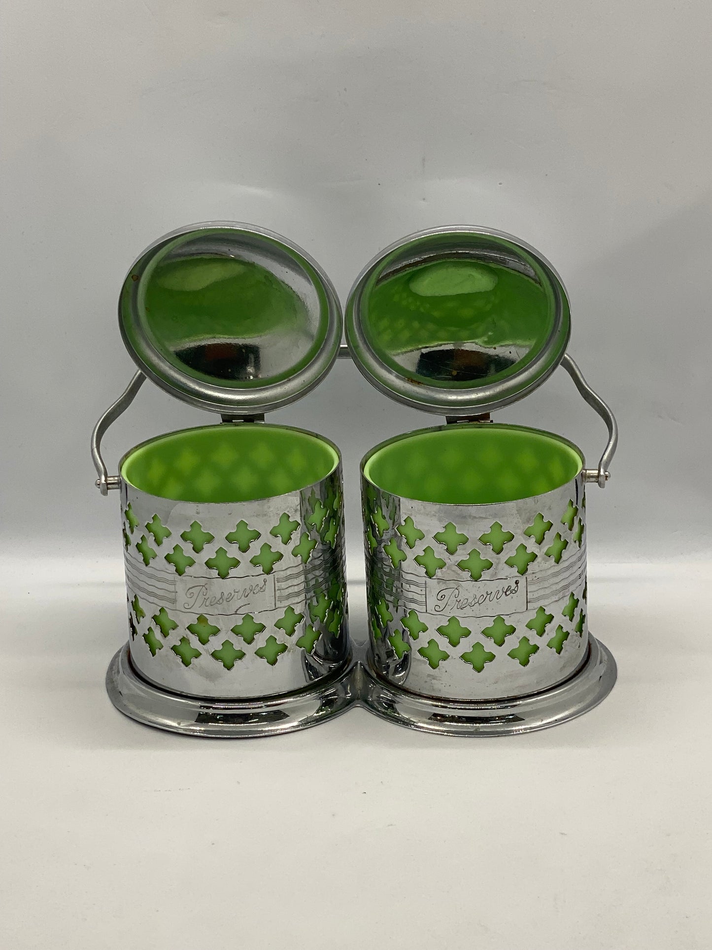 1930s to 40s Art Deco Chrome and Early Celluloid Plastic Preserves Pots