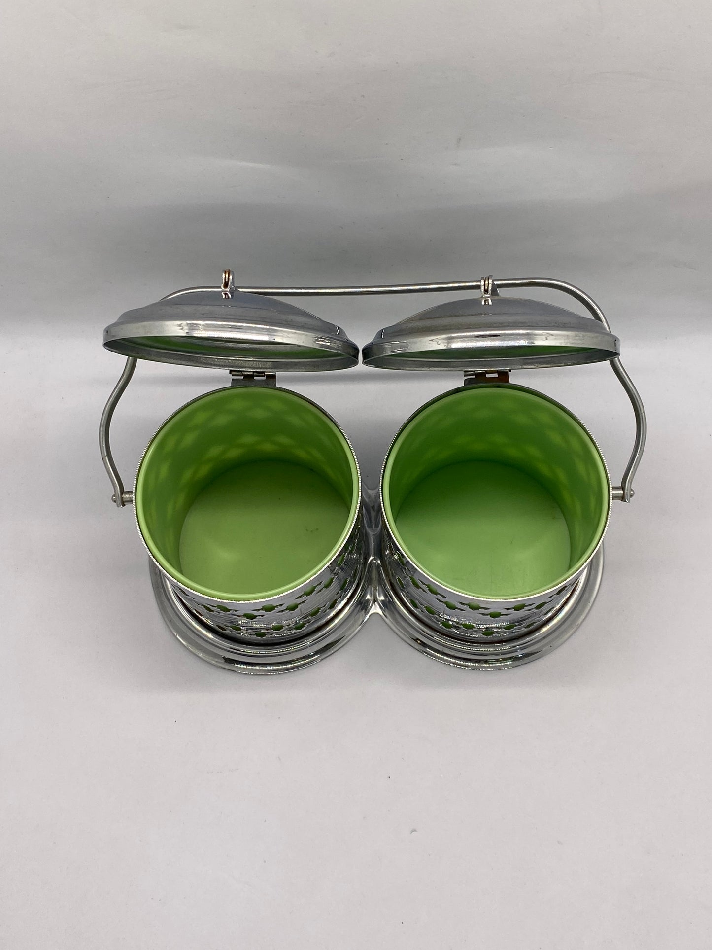 1930s to 40s Art Deco Chrome and Early Celluloid Plastic Preserves Pots