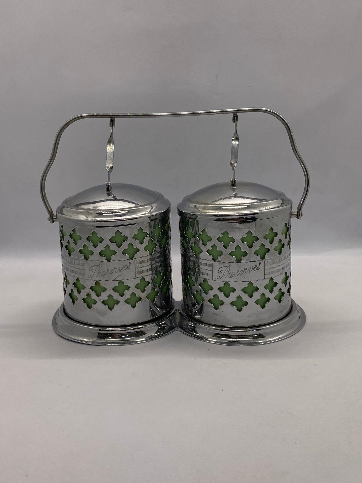 1930s to 40s Art Deco Chrome and Early Celluloid Plastic Preserves Pots