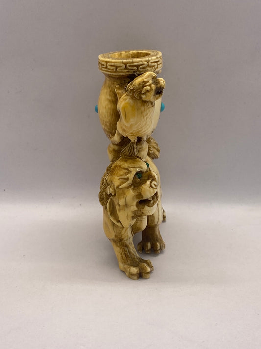 Antique Chinese, possibly Tibetan ivory figurine of 3 mythical foo lions/ shishi figurine