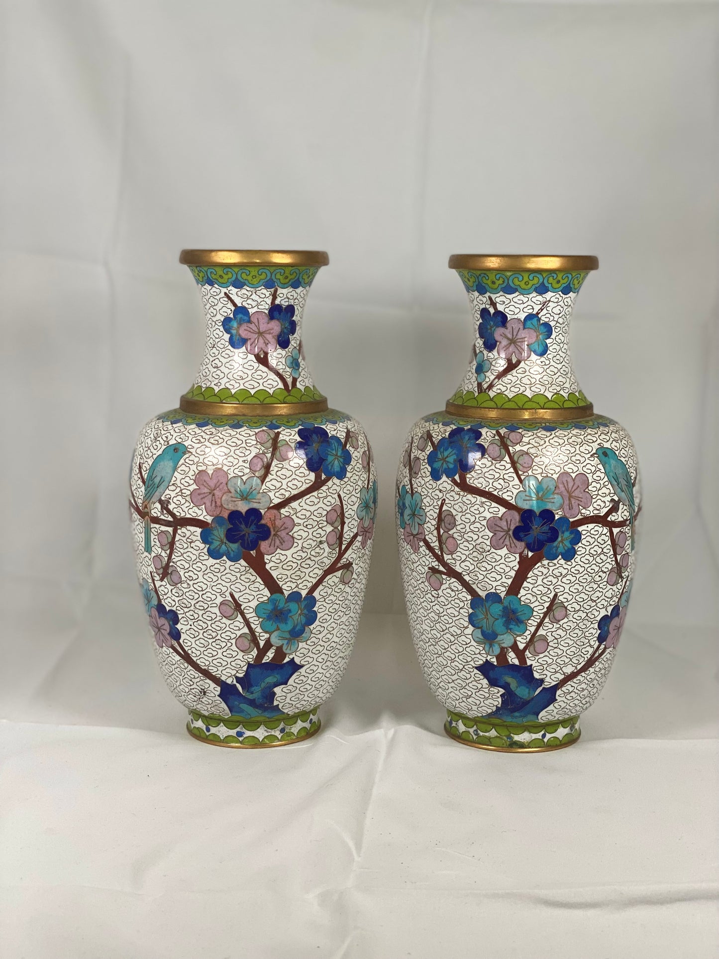 Pair of 20th Century Chinese Bird and Floral Cloisonné Vases