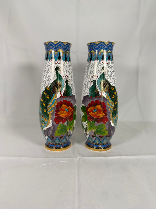 Pair of 20th Century Chinese Peacock Couple Cloisonné Vases