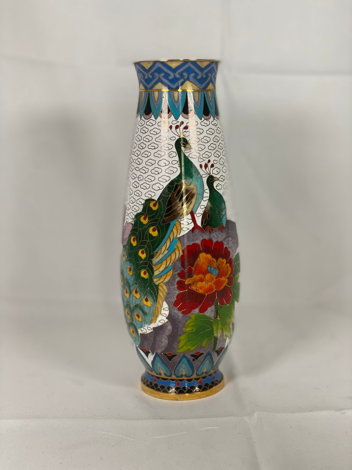 Pair of 20th Century Chinese Peacock Couple Cloisonné Vases