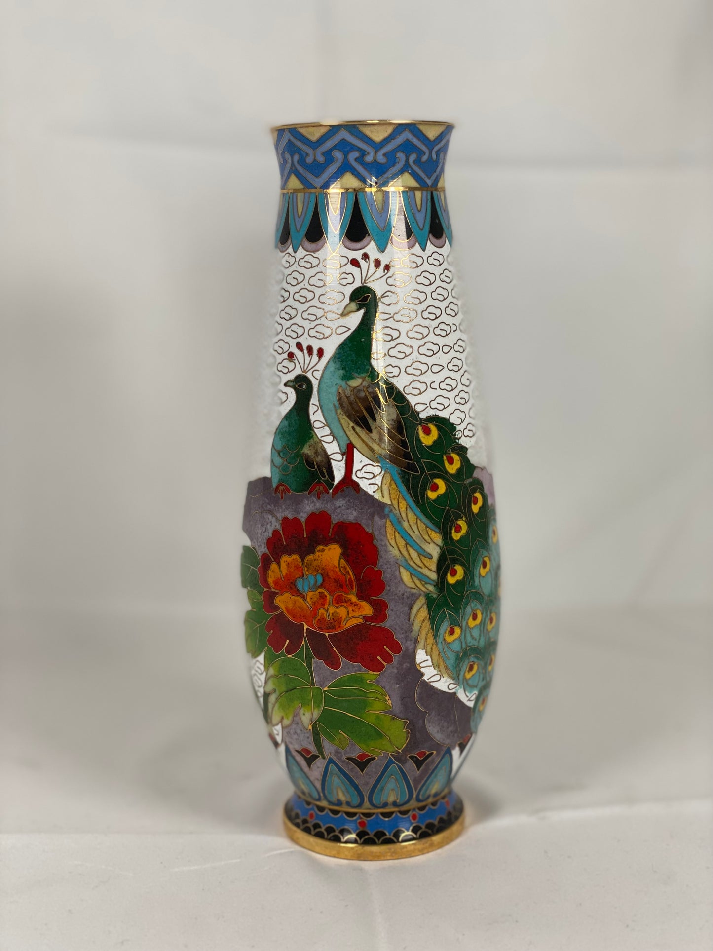 Pair of 20th Century Chinese Peacock Couple Cloisonné Vases