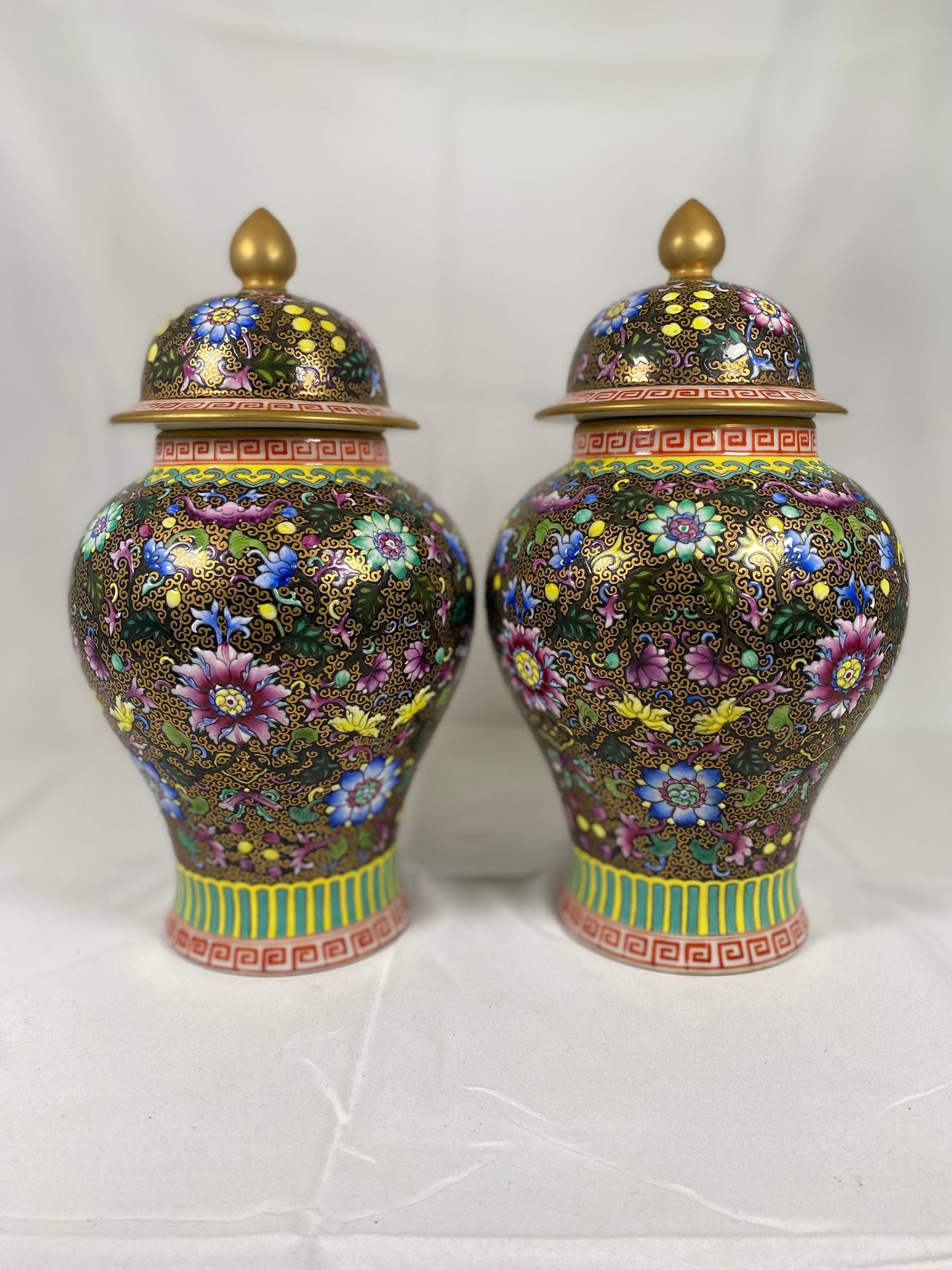 Pair of Jingdezhen Hand-Painted Black and Gold Ginger Jars circa 1960s to 70s