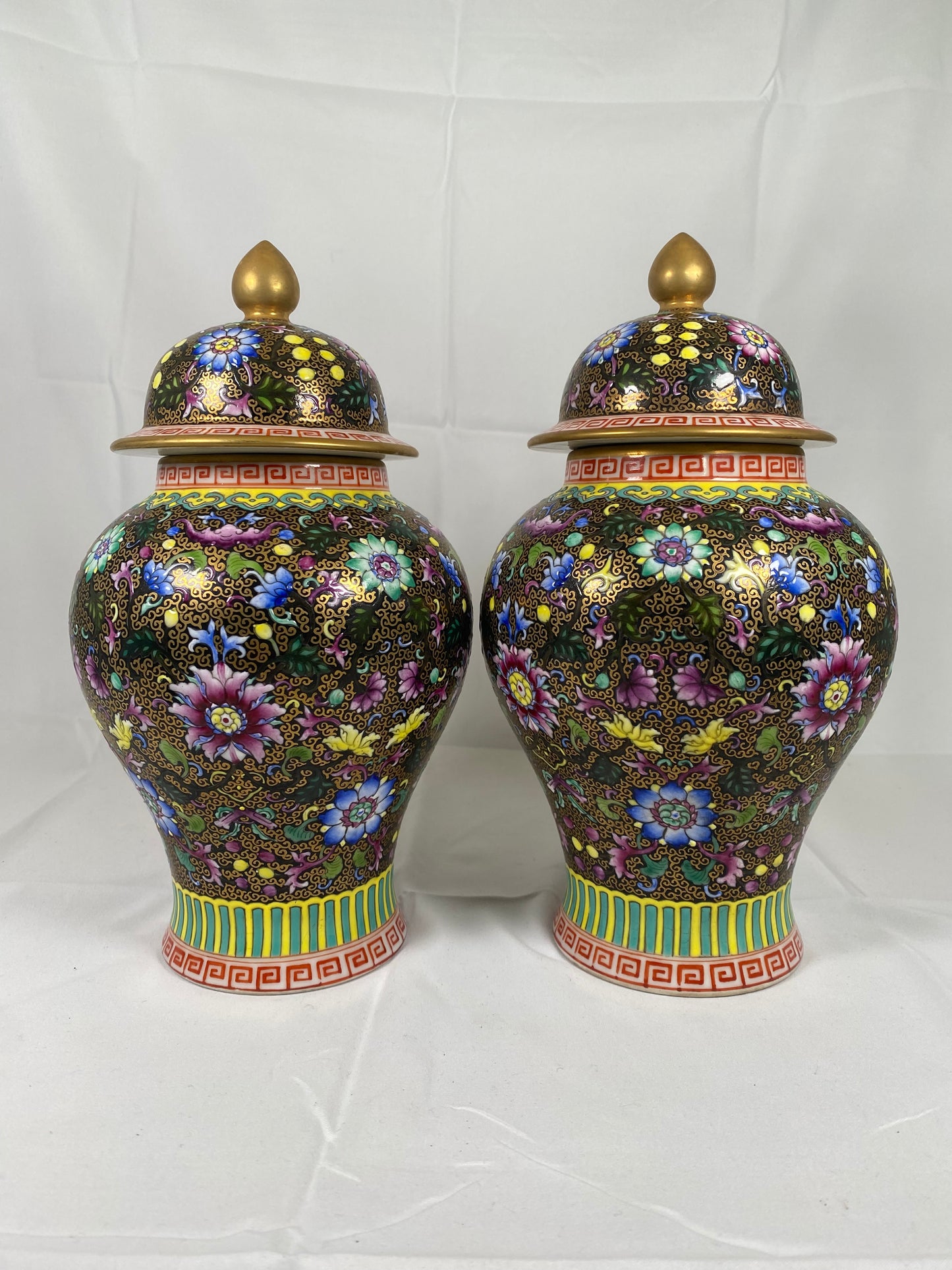 Pair of Jingdezhen Hand-Painted Black and Gold Ginger Jars circa 1960s to 70s