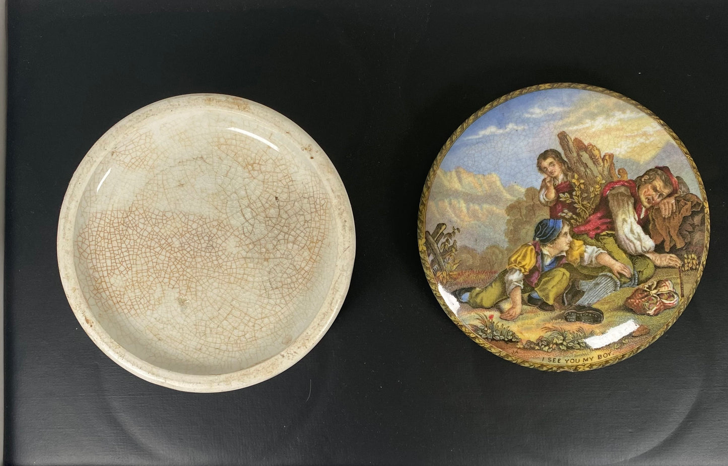 Mid-19th Century "I See You My Boy" Prattware Pot Lid and Base