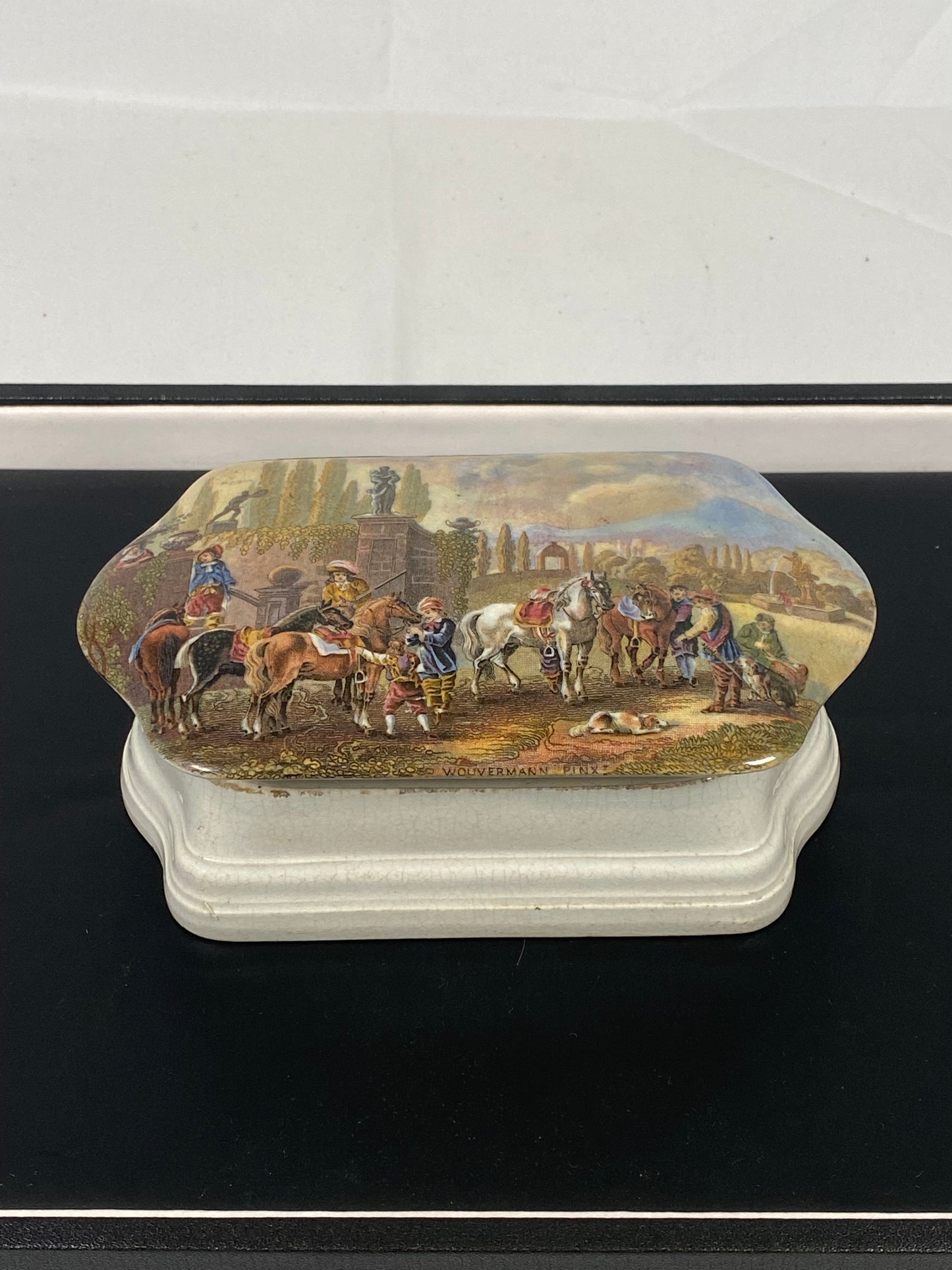 Mid-19th Century Hunting Scene After Philips Wouwerman Prattware Pot Lid and Base