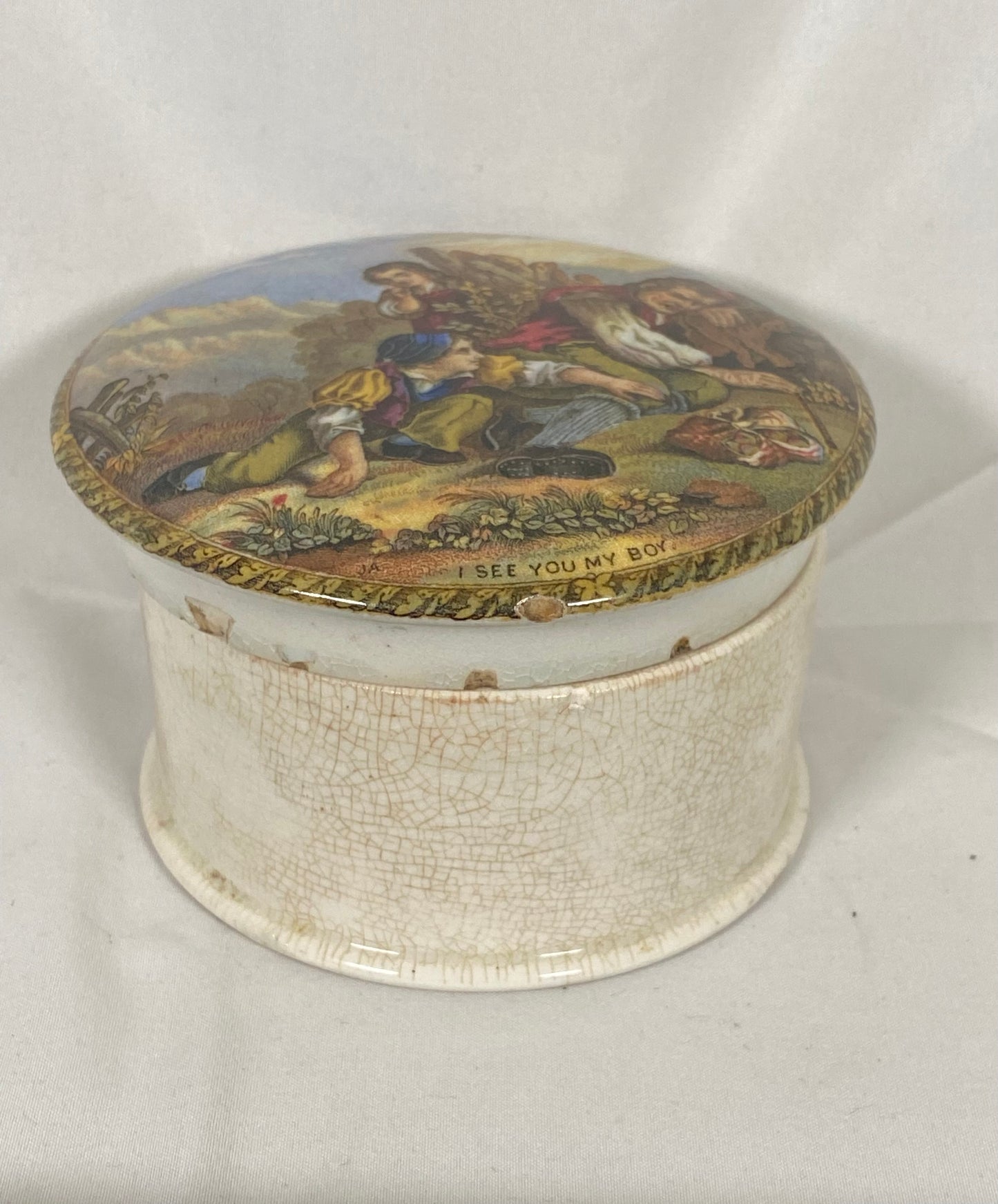 Mid-19th Century "I See You My Boy" Prattware Pot Lid and Base