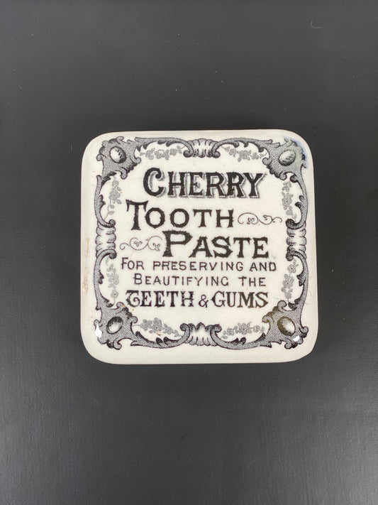 19th Century Victorian Transferware Cherry Toothpaste Pot Lid, Unusual Square Lid