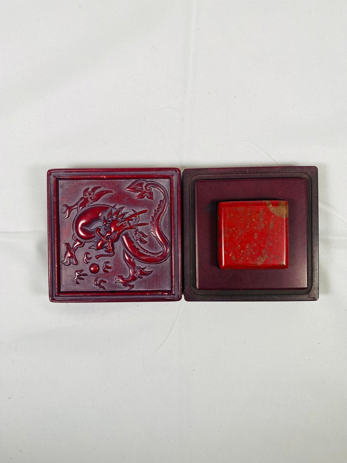 Rare Chinese Republic Period Chicken Blood Jade Seal with Red Soapstone Box