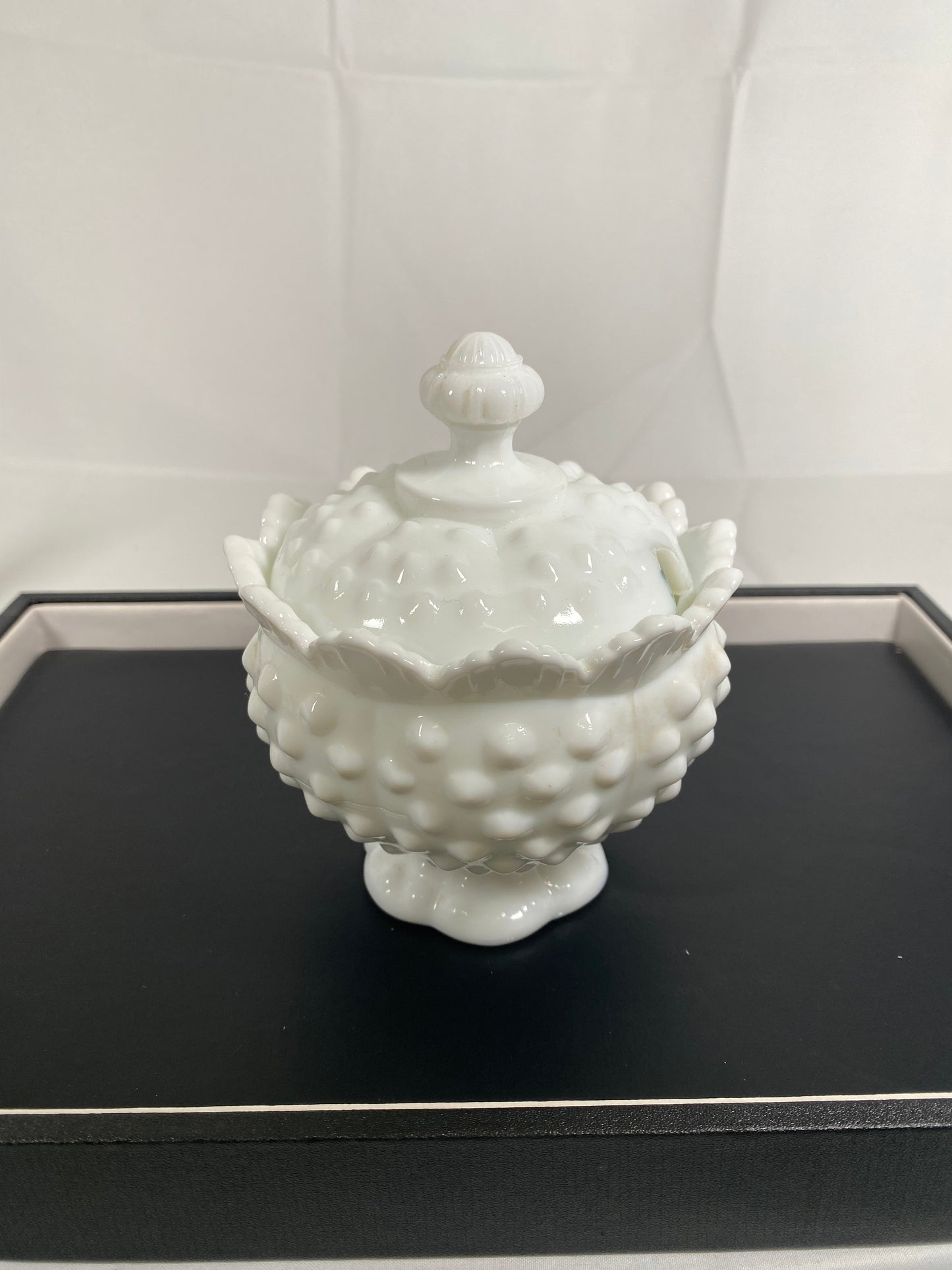 Vintage Fenton Milk Glass Lidded Preserves or Sugar Bowl with Hobnail Pattern