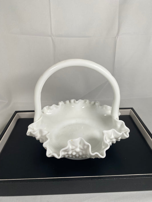 Vintage midcentury Fenton milk glass basket with hobnail pattern