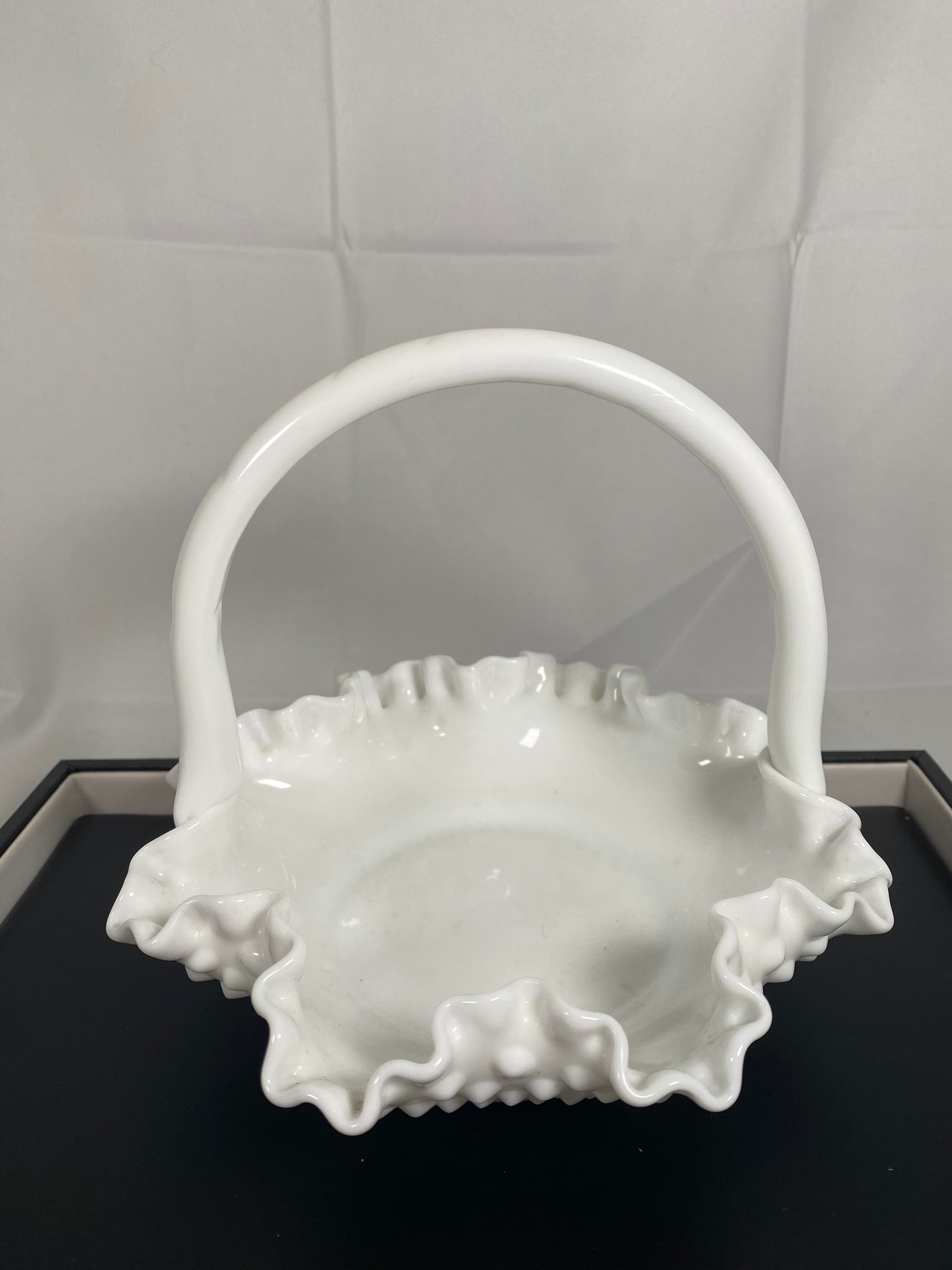 Vintage midcentury Fenton milk glass basket with hobnail pattern