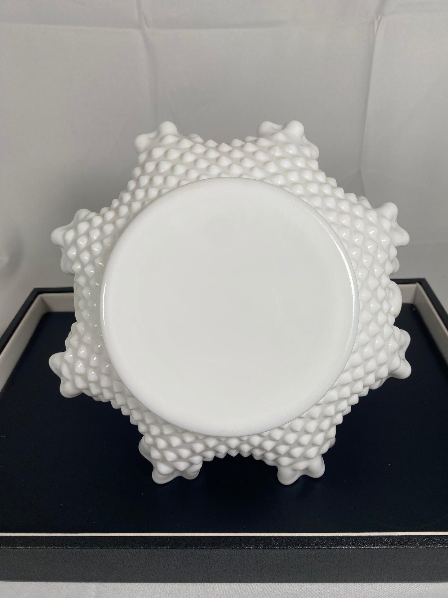 Vintage midcentury Fenton milk glass basket with hobnail pattern