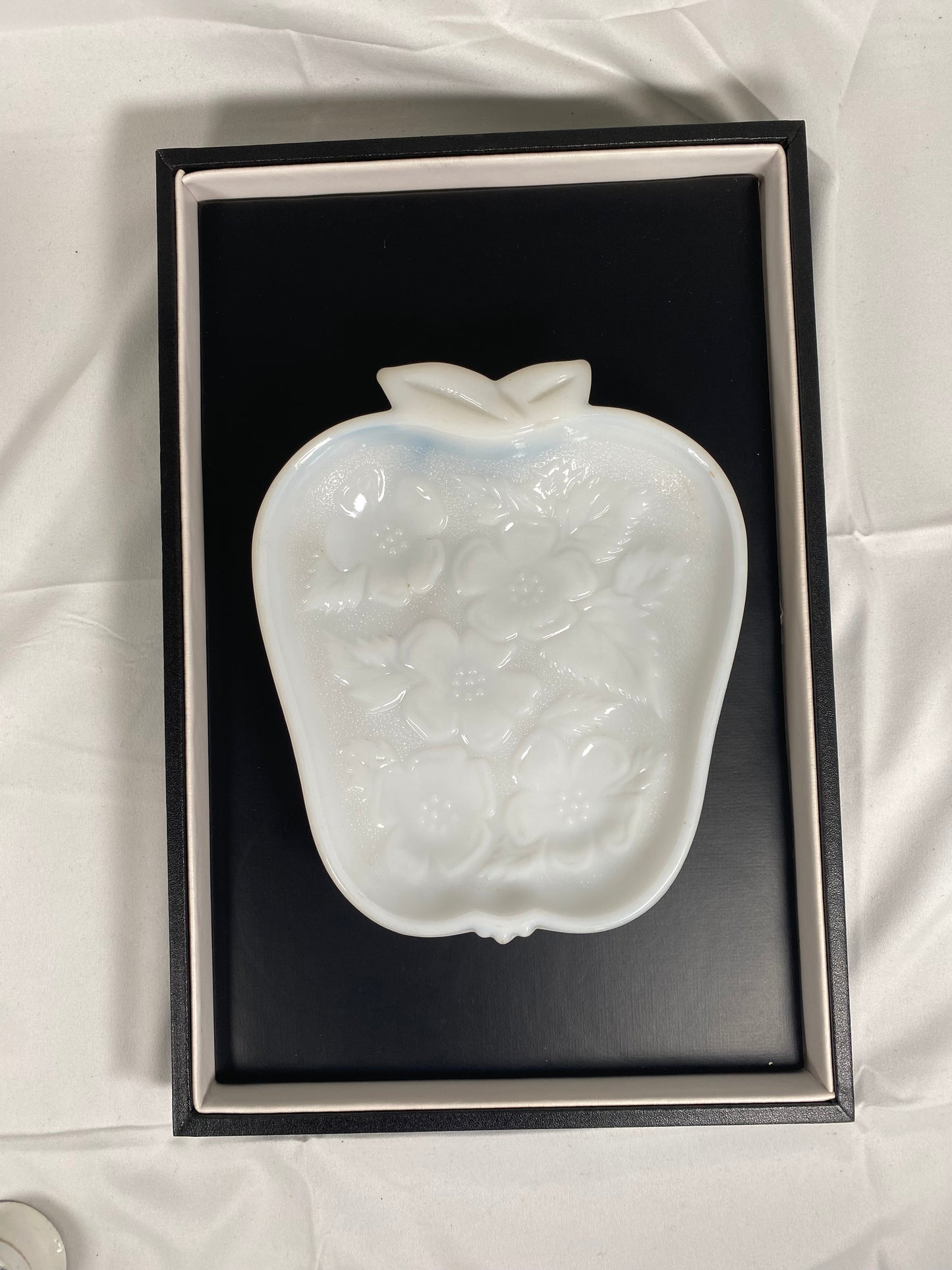 Rare Mid Century Milk Glass Hazel Atlas Candy or Snack Dish, Apple Pattern