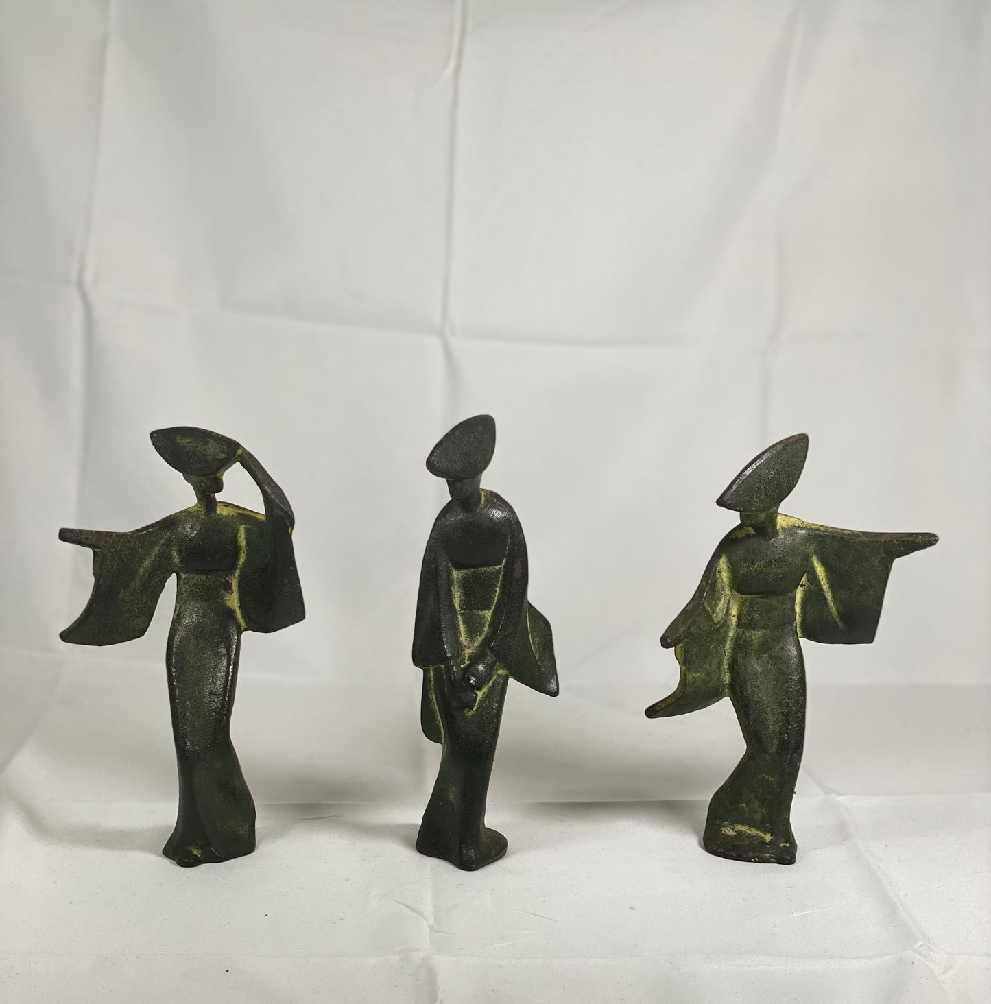 Mid Century set of 3 Cast Iron Geisha Dancing Statues/Sculptures Attributed to James Mont