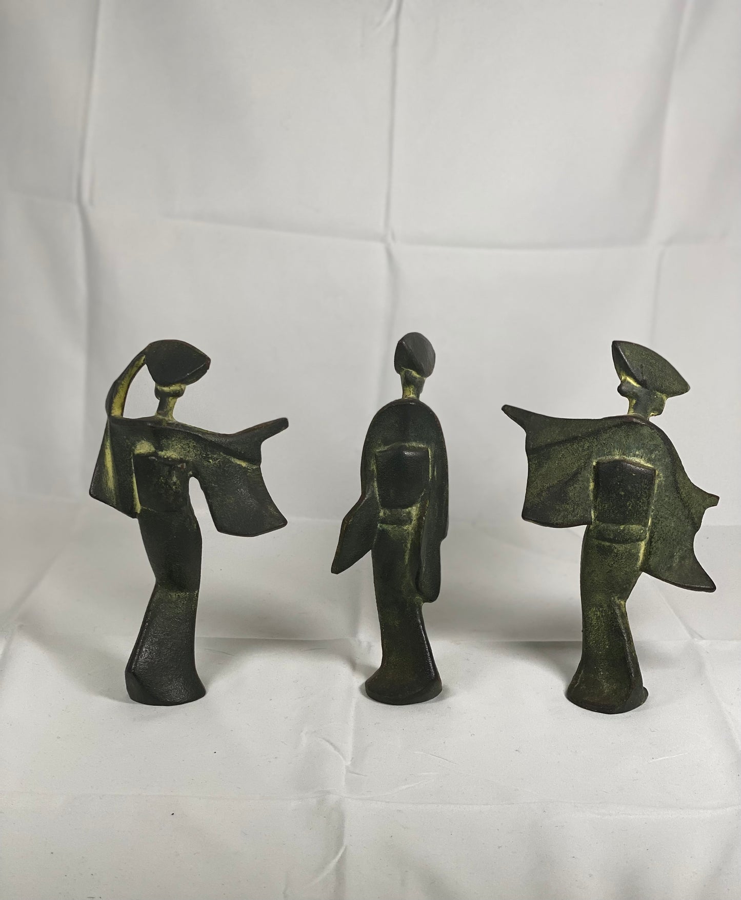 Mid Century set of 3 Cast Iron Geisha Dancing Statues/Sculptures Attributed to James Mont