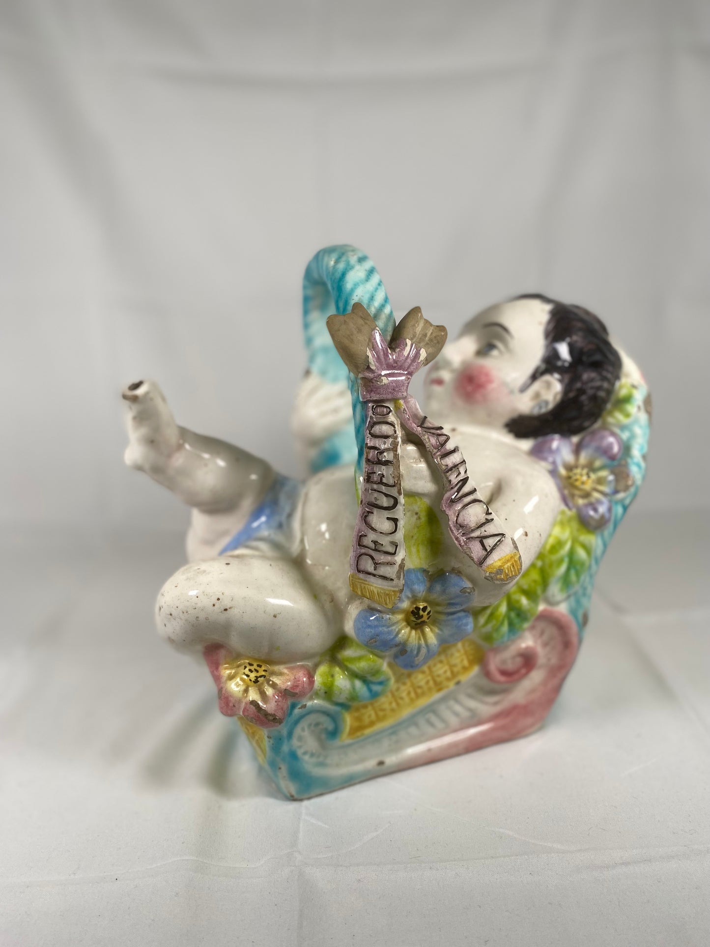 Rare and Beautiful Spanish Majolica Figural Baby Pitcher / Wine Decanter