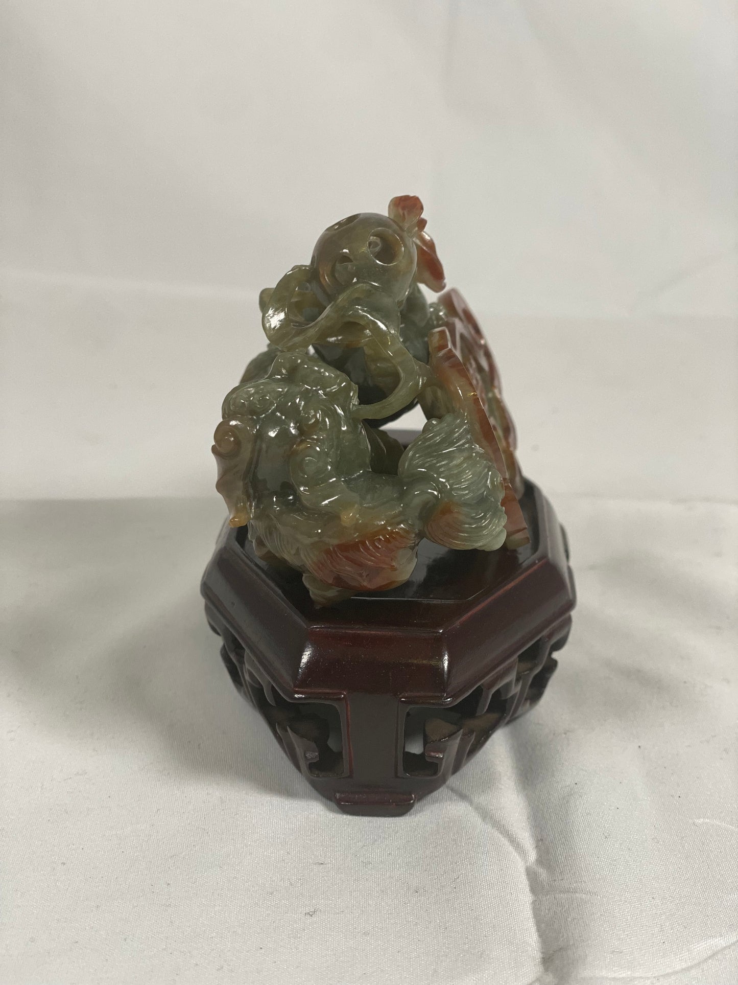 Early to Mid 20th century Celadon & Russet Jade Two Foo Dogs Figurine and Auspicious Plaque