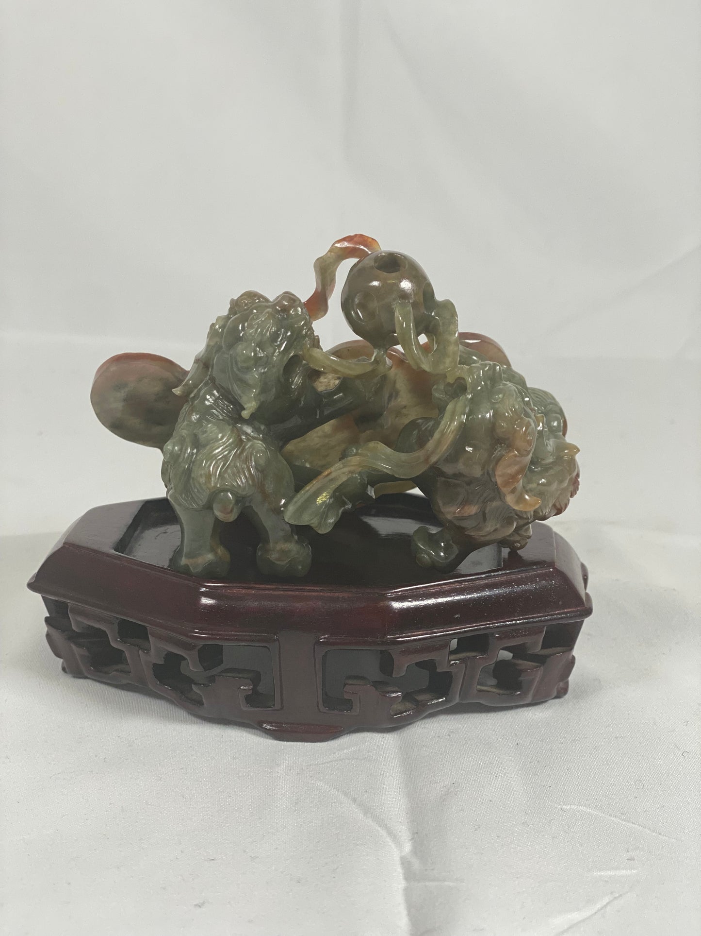 Early to Mid 20th century Celadon & Russet Jade Two Foo Dogs Figurine and Auspicious Plaque