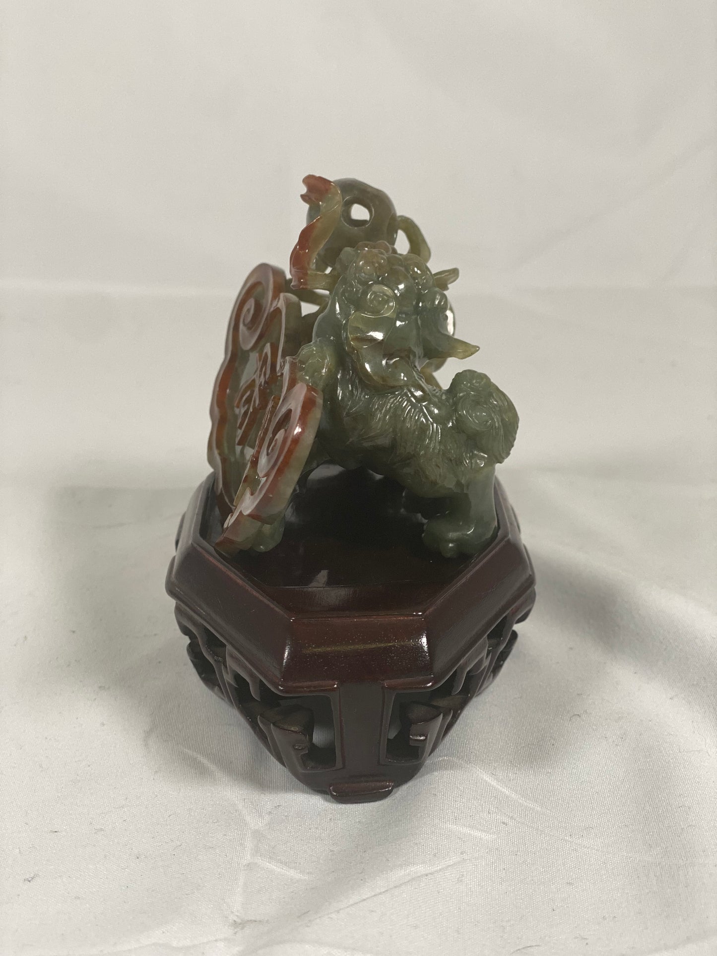 Early to Mid 20th century Celadon & Russet Jade Two Foo Dogs Figurine and Auspicious Plaque