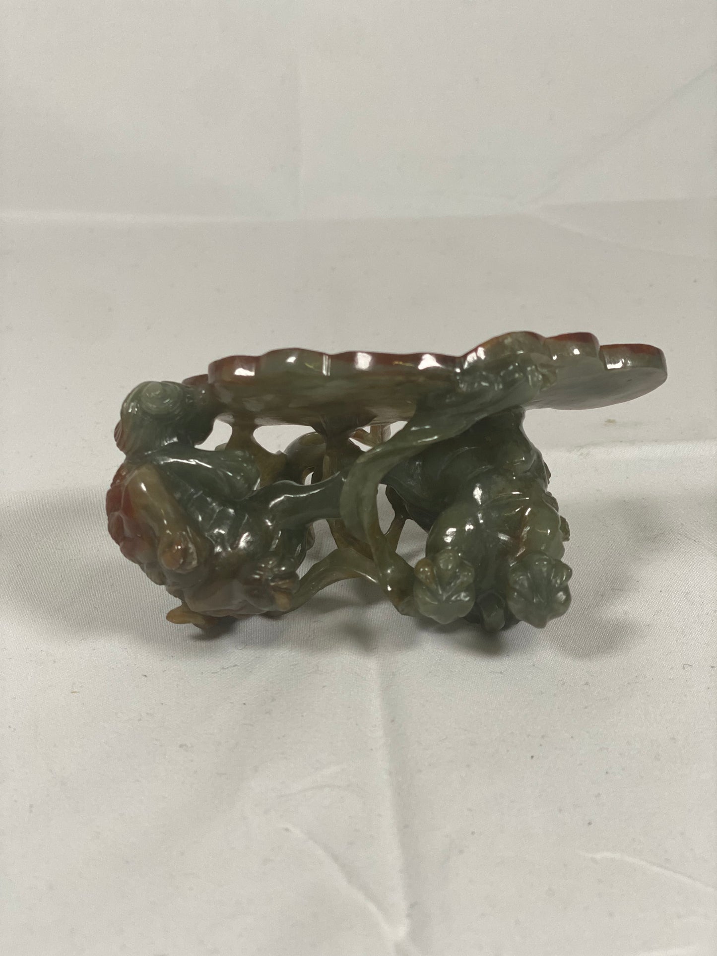 Early to Mid 20th century Celadon & Russet Jade Two Foo Dogs Figurine and Auspicious Plaque