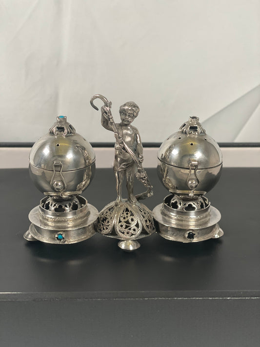 Late 19th c. Russian Silver Besamim Spice Tower Set of Two with Figural Base, Rare Antique Judaica