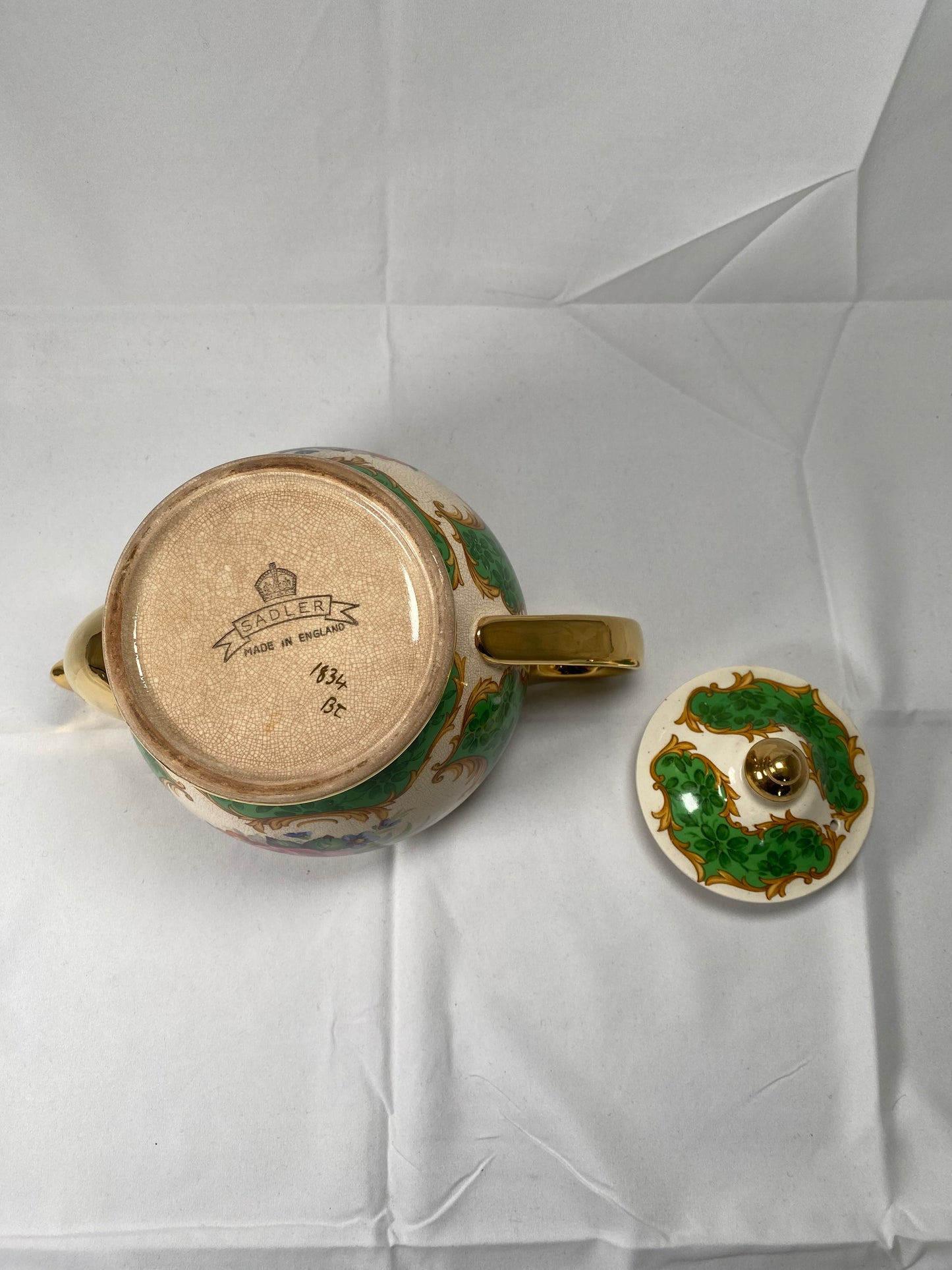 罕见的 Sadler England 绿色花卉茶壶、糖罐和奶油罐 3 件套