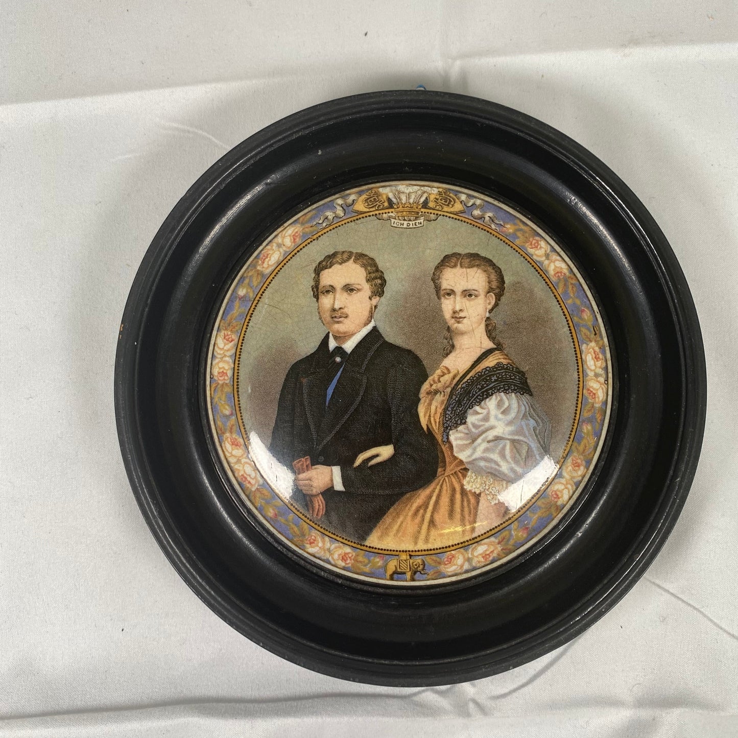 Rare Ebonized Wood Framed Victorian Prattware Pot Lid Commemorating Prince Albert's Marriage to Princess Alexandra, 1863