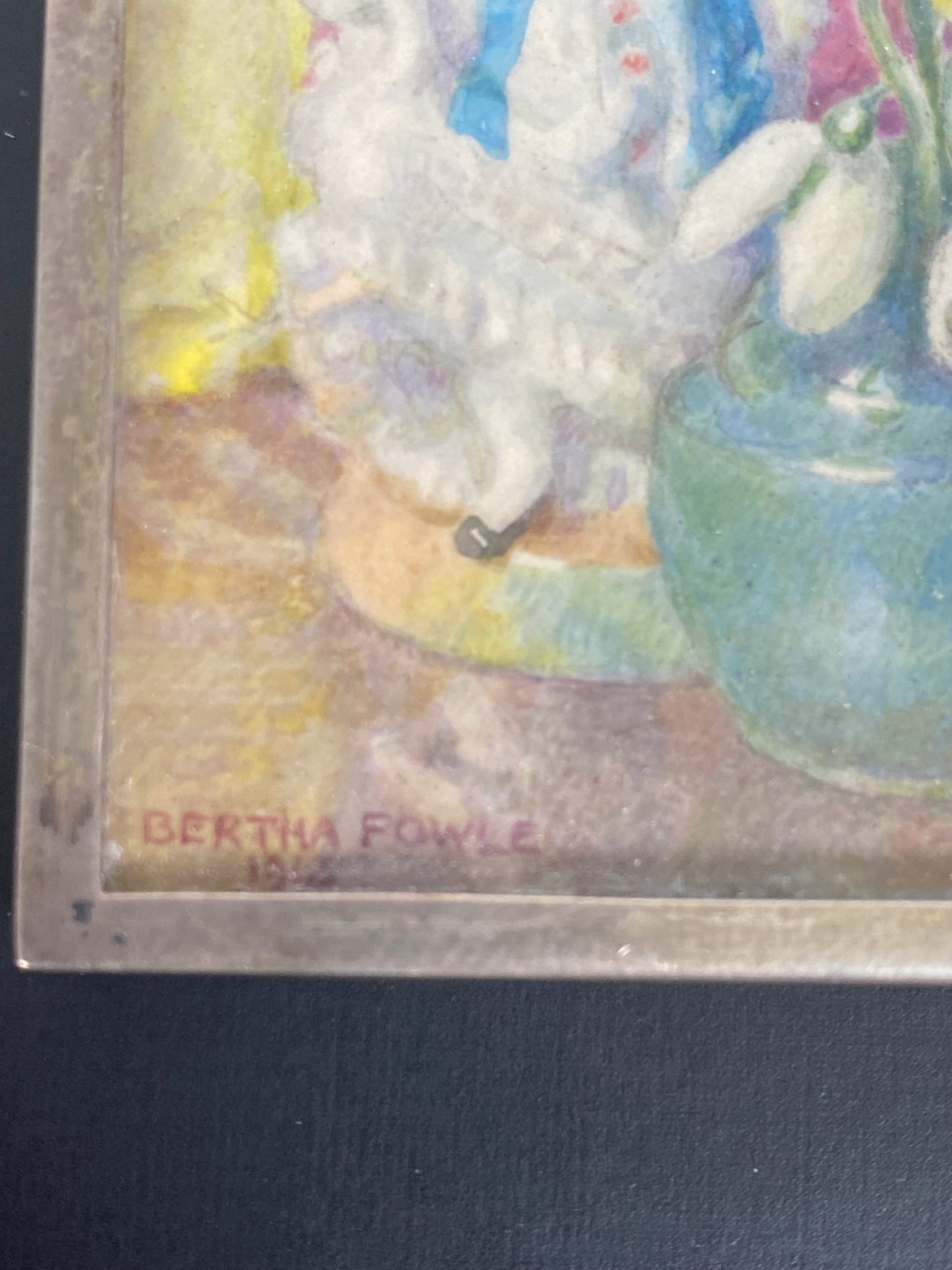 约 1945 年 Bertha Fowle 创作的水彩微型画，纯银画框