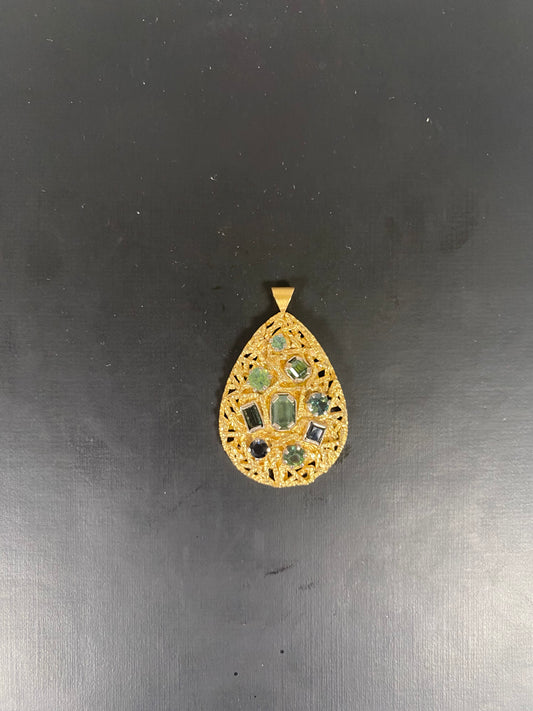 Statement Vintage Brutalist 18ct Gold Pendant with Blue, Green and Yellow Sapphires